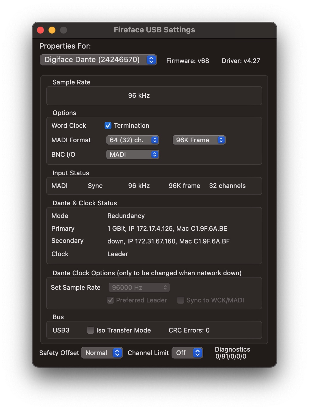 Fireface USB Settings